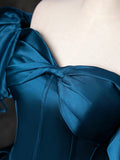 Solvbao Blue Satin Short Sleeves Sweetheart Long Party Dress, Blue A-line Prom Dress Evening Dress