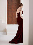 Solvbao Wine Red Velvet V-neckline Mermaid Long Evening Dress, Wine Red Velvet Prom Dress