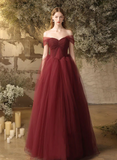 Solvbao Wine Red Sweetheart Beaded Tulle Long Formal Dress, Wine Red Off Shoulder Prom Dress