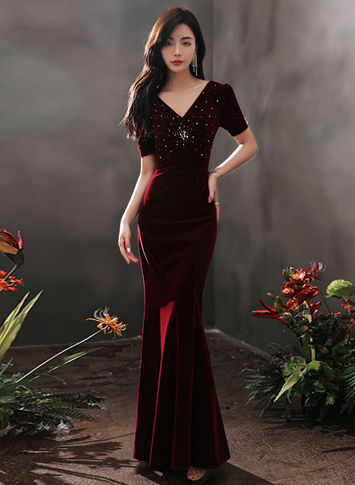 Solvbao Wine Red Velvet Beaded Short Sleeves Long Party Dress, Wine Red Mermaid Prom Dress