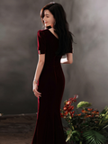 Solvbao Wine Red Velvet Beaded Short Sleeves Long Party Dress, Wine Red Mermaid Prom Dress