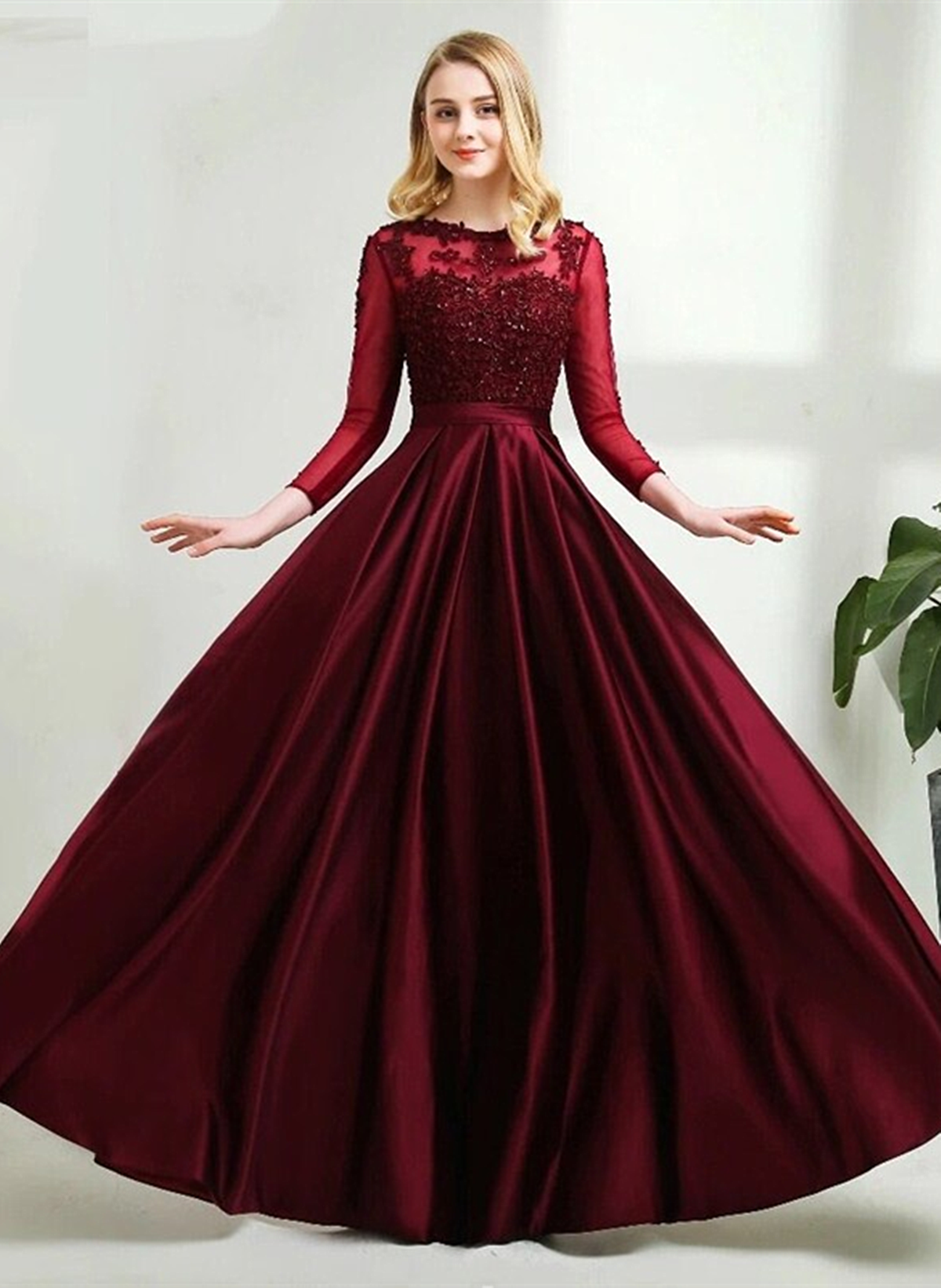 Solvbao Wine Red Satin and Lace Round Neckline Bridesmaid Dress, Wine Red Tulle Formal Dress