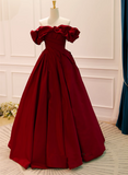 solvbao Wine Red Satin A-line Off Shoulder Long Formal Dress, Wine Red Evening Dress Prom Dress