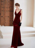 Solvbao Wine Red Velvet V-neckline Mermaid Long Evening Dress, Wine Red Velvet Prom Dress