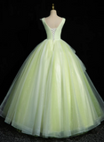 Solvbao Light Green V-neckline Tulle Sweet 16 Dress, Light Green Long Prom Dress Party Dress