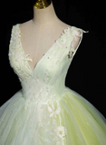 Solvbao Light Green V-neckline Tulle Sweet 16 Dress, Light Green Long Prom Dress Party Dress