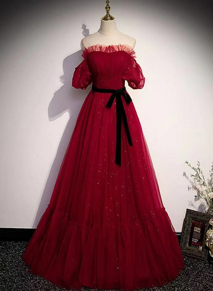 Solvbao Wine Red Off Shoulder Shiny Tulle Long Party Dress, Wine Red Floor Length Prom Dress