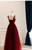 solvbao A-line Tulle Sweetheart Straps Long Formal Dress, Wine Red Evening Dress Prom Dress