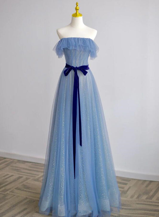 Solvbao A-line Blue Tulle Scoop Long Formal Dress with Belt, Blue Long Evening Dress Prom Dress