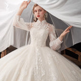 solvbao Ivory High Neckline Lace Puffy Sleeves Wedding Dress, Ivory Long Formal Gown