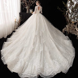 solvbao Ivory High Neckline Lace Puffy Sleeves Wedding Dress, Ivory Long Formal Gown