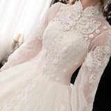 solvbao Ivory High Neckline Lace Puffy Sleeves Wedding Dress, Ivory Long Formal Gown