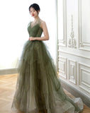 Solvbao Green Tulle Beaded Layers Long Straps Prom Dress, Green Tulle Evening Dress