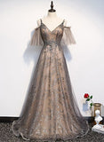 Solvbao A-line Champagne V-neckline Long Tulle Formal Dress, Champagne Prom Dress