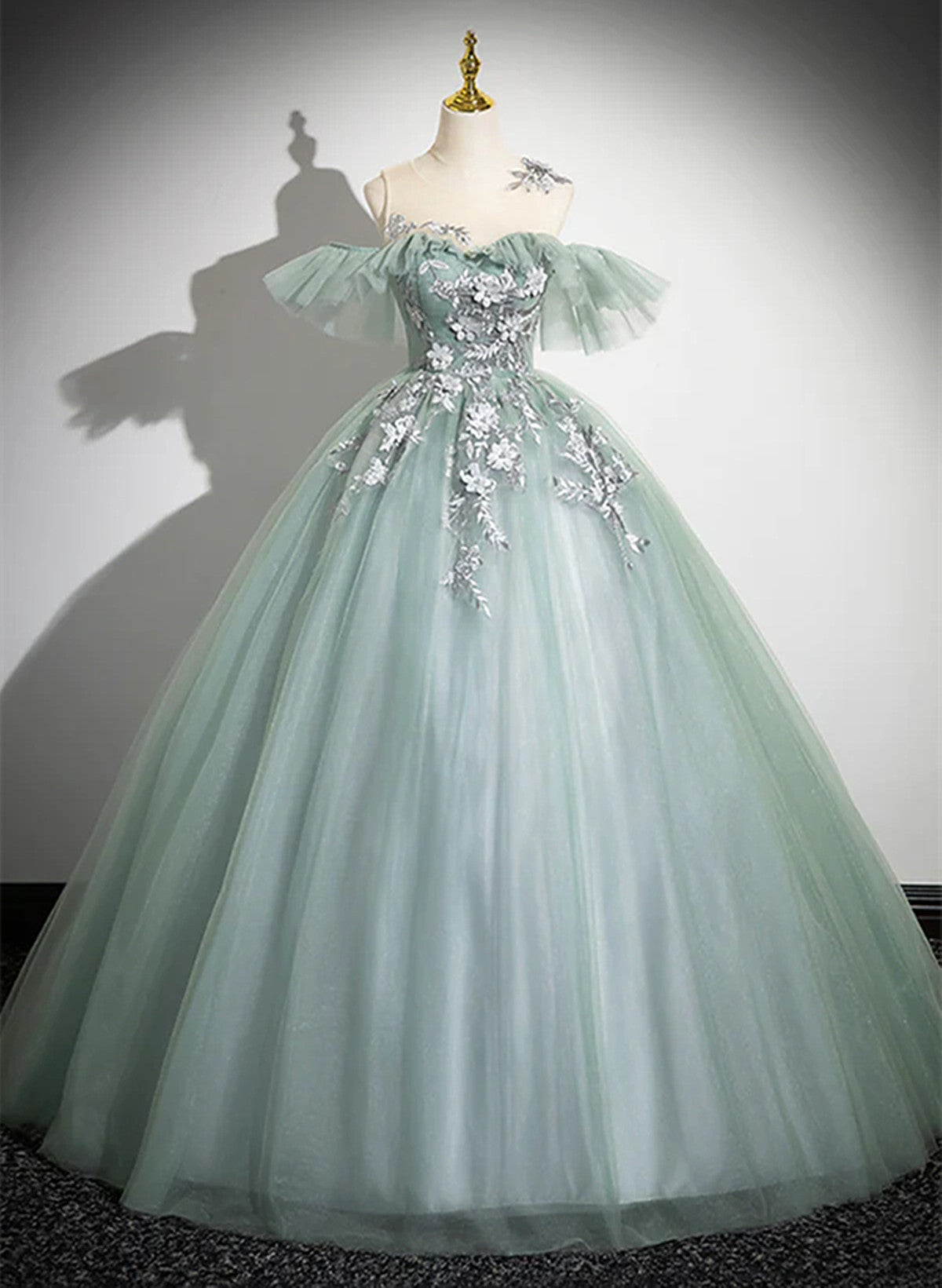 Solvbao Green Tulle Long Prom Dress with Lace Applique, A-Line Off Shoulder Evening Dress