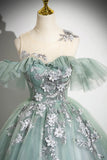 Solvbao Green Tulle Long Prom Dress with Lace Applique, A-Line Off Shoulder Evening Dress