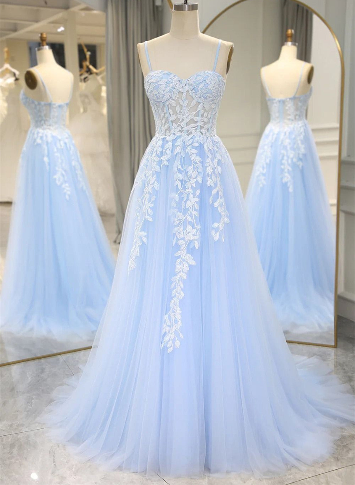 solvbao A-line Tulle Blue with Lace Sweetheart Straps Party Dress, Blue Formal Dress