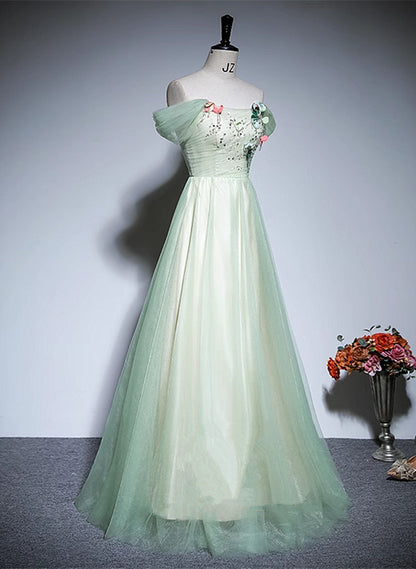 Solvbao Green A-line Off Shoulder Tulle Long Formal Dress, Green Long Prom Dress