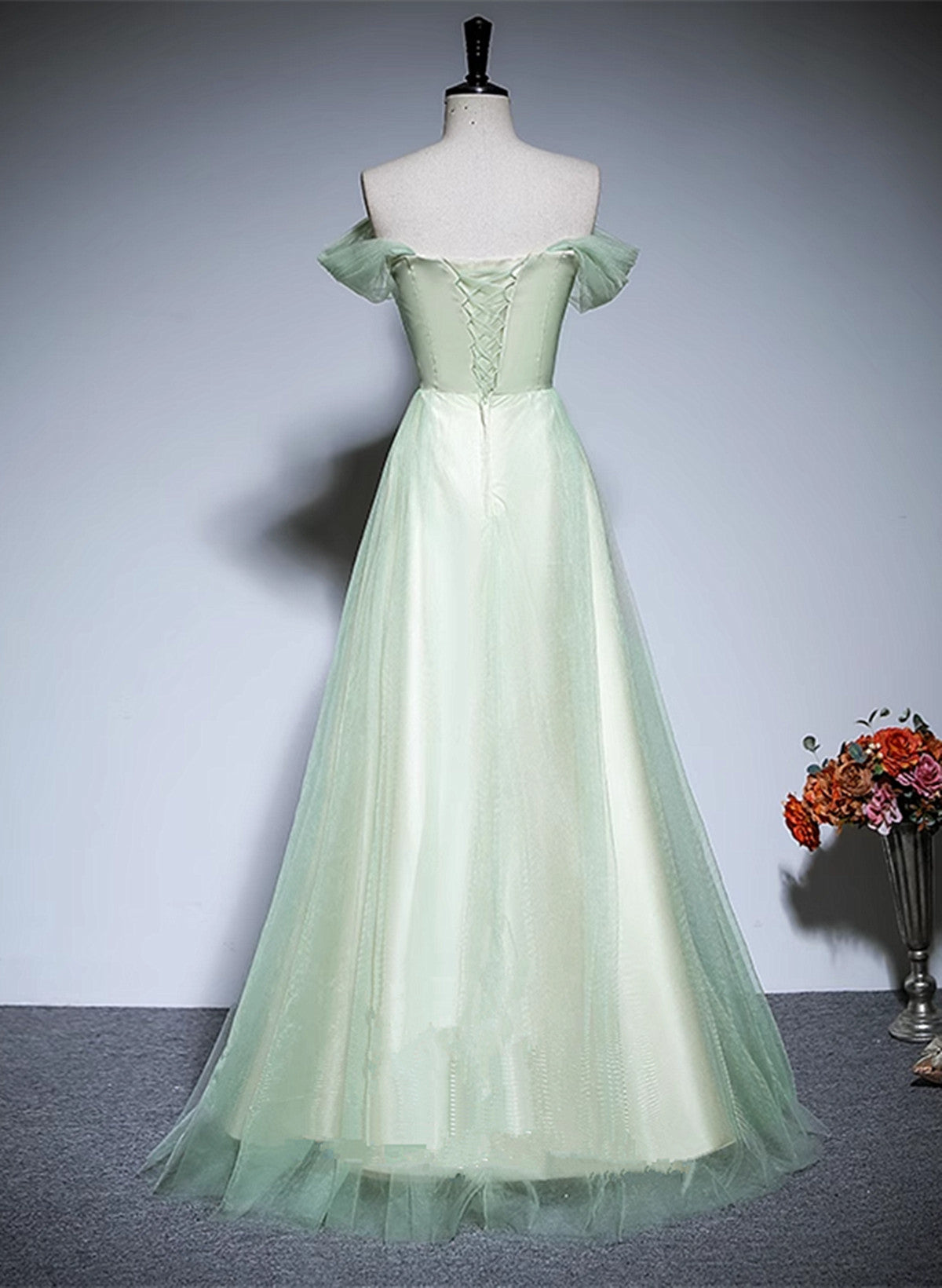 Solvbao Green A-line Off Shoulder Tulle Long Formal Dress, Green Long Prom Dress