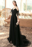 solvbao Black A-line Off Shoulder Tulle Beaded Prom Dress, Black Long Evening Dress