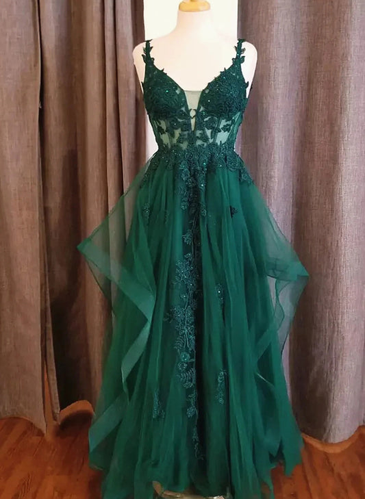 Solvbao A-line Green Tulle with Lace Straps V-neckline Prom Dress, Green Tulle Evening Dress