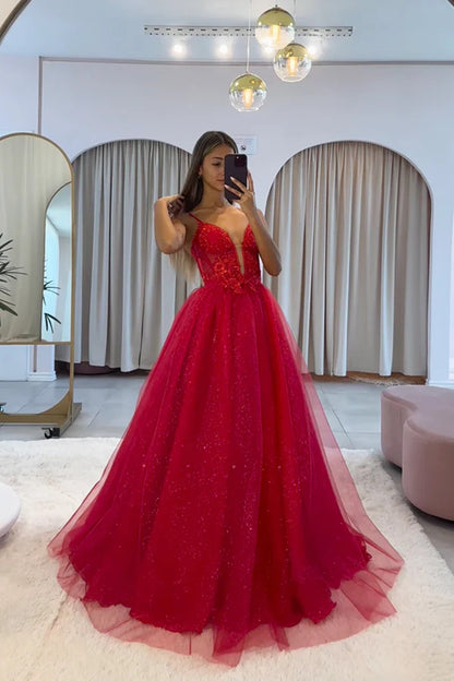 solvbao Red Tulle V-neckline Straps Long Evening Dress Prom Dress, Red Tulle Party Dress