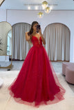 solvbao Red Tulle V-neckline Straps Long Evening Dress Prom Dress, Red Tulle Party Dress