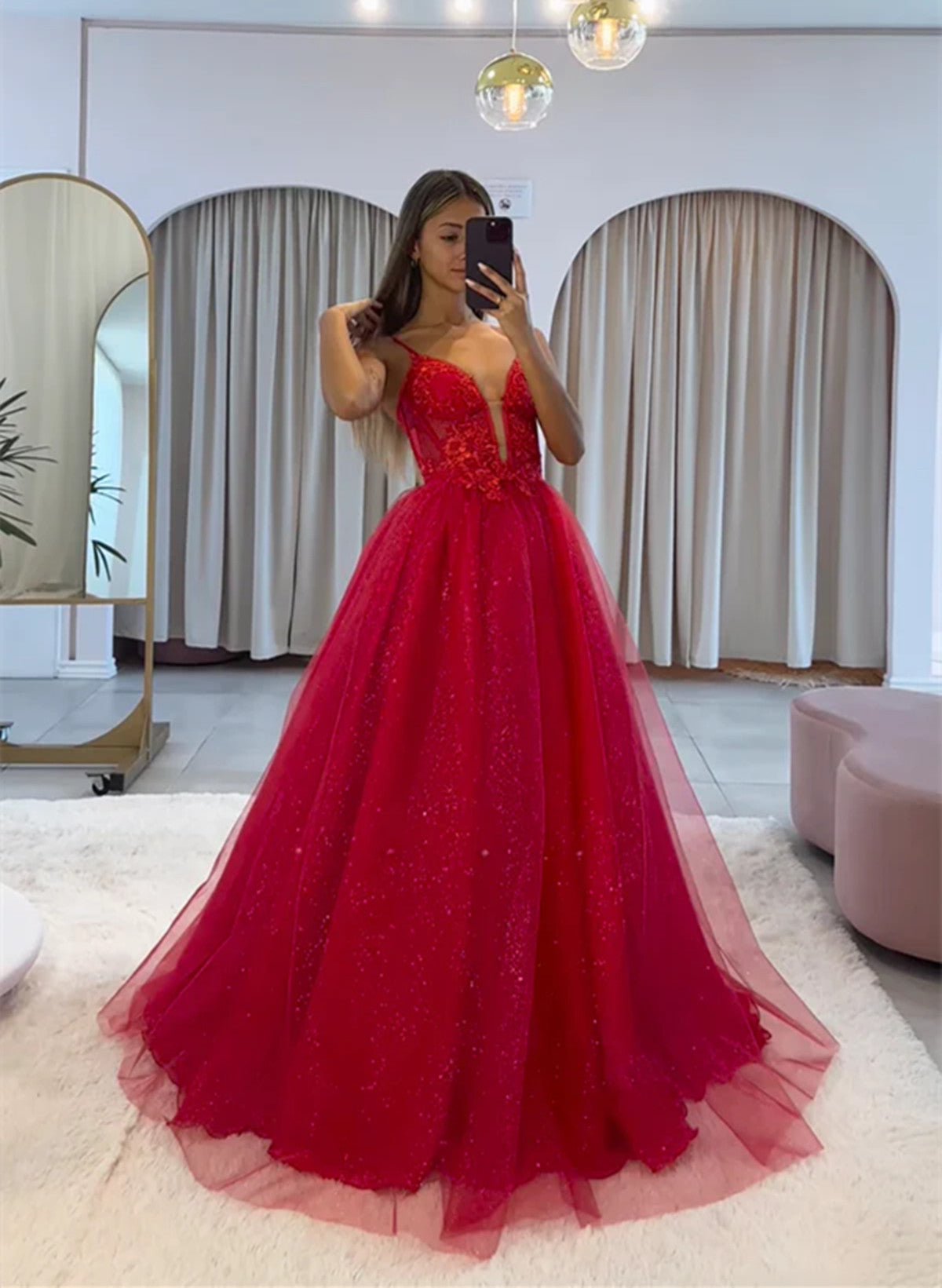 solvbao Red Tulle V-neckline Straps Long Evening Dress Prom Dress, Red Tulle Party Dress