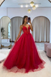 solvbao Red Tulle V-neckline Straps Long Evening Dress Prom Dress, Red Tulle Party Dress