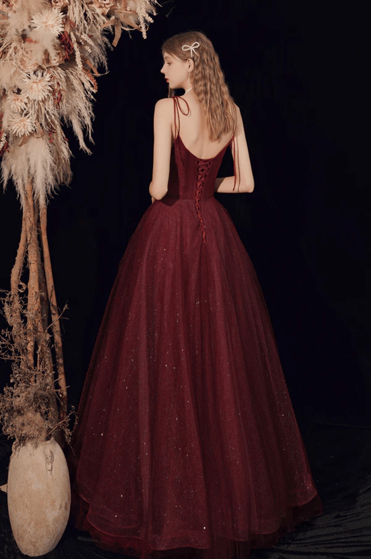 solvbao Wine Red Straps Tulle Beaded Long Prom Dress, Wine Red A-line Formal Dress