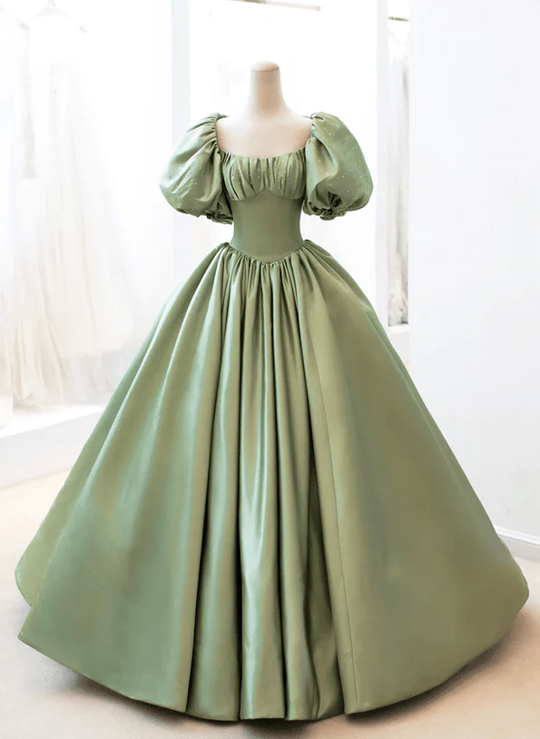 solvbao Green Satin A-line Beaded Long Party Dress, Green Evening Dress Prom Dress