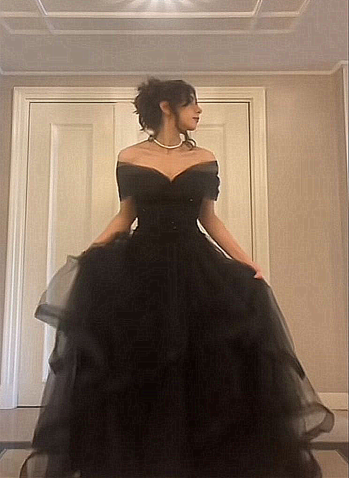 solvbao Black Off Shoulder Sweetheart Tulle Prom Dress, Black Tulle A-line Party Dress