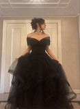 solvbao Black Off Shoulder Sweetheart Tulle Prom Dress, Black Tulle A-line Party Dress