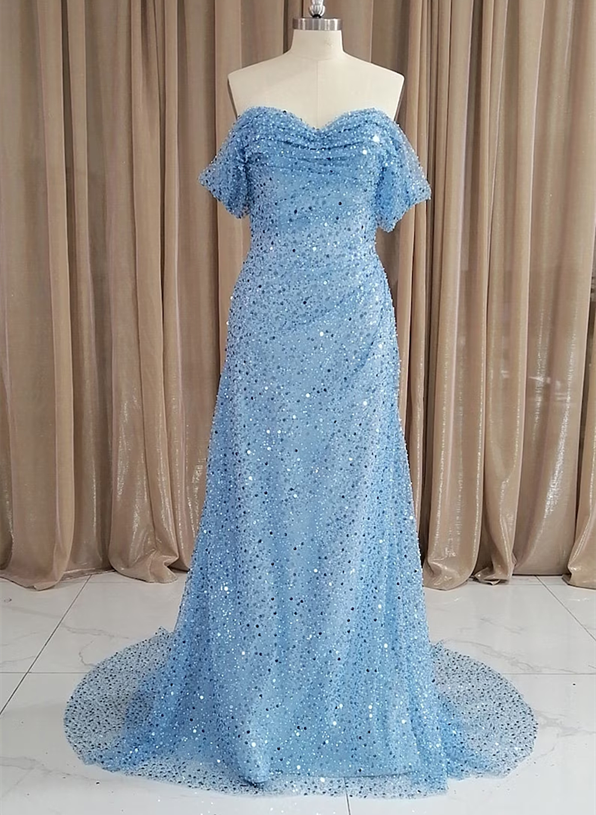 Solvbao Blue Sequins Off Shoulder Sweep Train Party Dress, Blue Sweetheart Long Formal Dress