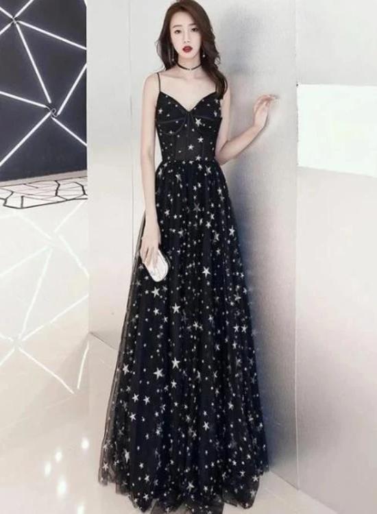 solvbao Charming Black Straps Long Party Dress, V-neckline Prom Dress