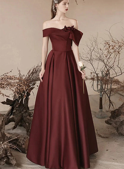 solvbao Chic Burgundy Satin Off Shoulder Party Dress, Satin Simple Prom Dress