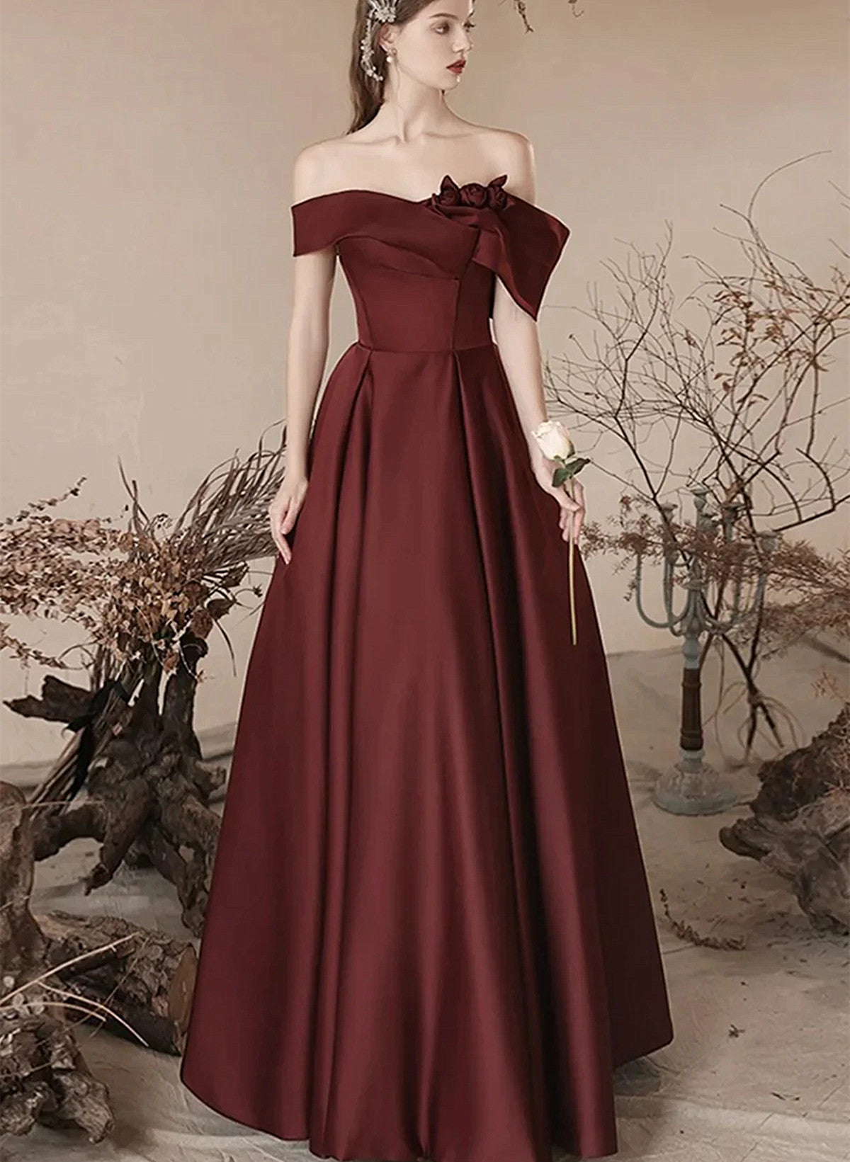 solvbao Chic Burgundy Satin Off Shoulder Party Dress, Satin Simple Prom Dress