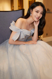 Solvbao Light Blue Sweetheart Pearls Off Shoulder Long Party Dress, A-line Blue Formal Dress