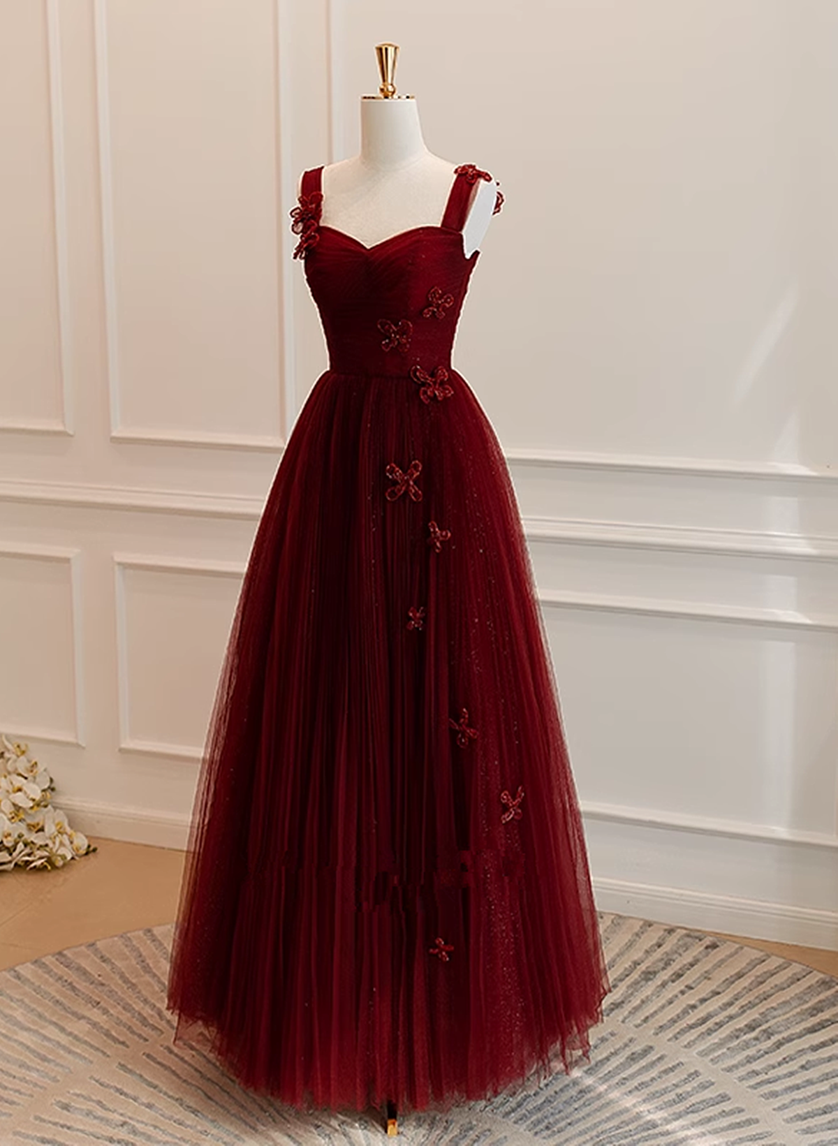 solvbao A-line Tulle Sweetheart Straps Long Formal Dress, Wine Red Evening Dress Prom Dress