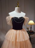 Solvbao Black and Champagne Sweetheart Layers Tulle Long Party Dress, A-line Evening Dress