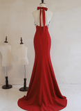 Solvbao Red Mermaid Halter Long Evening Dress, Red Backless Formal Dress Prom Dress