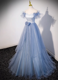 Solvbao Light Blue Off Shoulder Tulle Sweetheart Formal Dress, Light Blue A-line Prom Dress