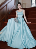 Solvbao Light Blue Satin A-line Long Straps Beaded Formal Dress, Blue Long Evening Dress