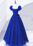 Solvbao Royal Blue Scoop Tulle Short Sleeves Long Prom Dress, Royal Blue A-line Party Dress