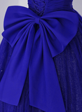 Solvbao Royal Blue Scoop Tulle Short Sleeves Long Prom Dress, Royal Blue A-line Party Dress