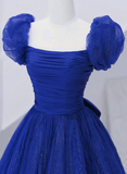 Solvbao Royal Blue Scoop Tulle Short Sleeves Long Prom Dress, Royal Blue A-line Party Dress