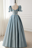 Solvbao Blue Satin A-line Beaded Chic Long Prom Dress Party Dress, Blue Satin Evening Dress