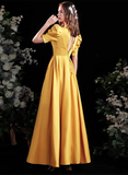 Solvbao Yellow Satin A-line Long Prom Dress with Sleeves, Yellow Floor Length Evening Dress Party Dress