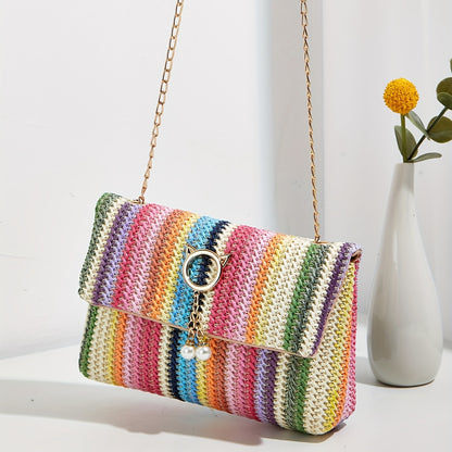 solvbao  Rainbow Straw Woven Beach Bag, Fashion Chain Crossbody Bag, Colorful Stripes Square Purse