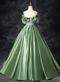 solvbao A-line Green Satin Off Shoulder Long Party Dress, Green Satin Prom Dress